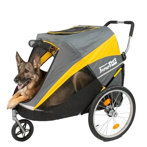 Innopet Hercules 2.0 Rimorchio per cani di grossa taglia Giallo/Grigio - Robusto passeggino per cani fino a 50 kg - Copertura antipioggia inclusa - Pneumatici - 3 ruote