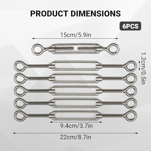 6 piezas Tensores de Acero Inoxidable 304 de Alta Resistencia Ajustables Ojal a Ojal para Tensar Cables y Toldos de Sombra miniatura 6