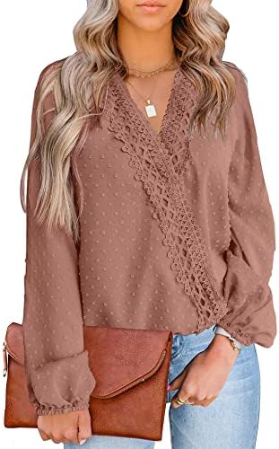 LOLONG V Neck Long Sleeve Blouses Tops for Women Casual Dressy Chiffon Lace Pom Poms Shirts Pink