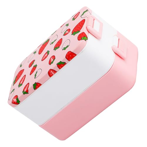 IMIKEYA Fiambrera Bento Portátil De 2 Niveles Acero Inoxidable 304 y Sello Hermético a Prueba De Fugas, Diseño Fresa, Para Oficina, Escuela y Picnic, Caja Bento Tapa Segura