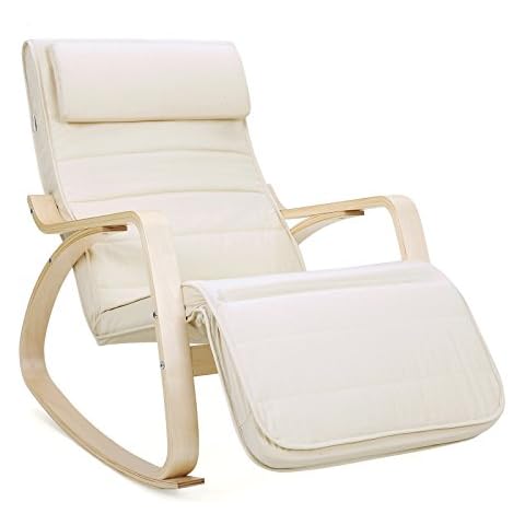 SONGMICS Silla Mecedora con Apoyabrazos de Madera de Abedul y Reposapiés Ajustable Cover