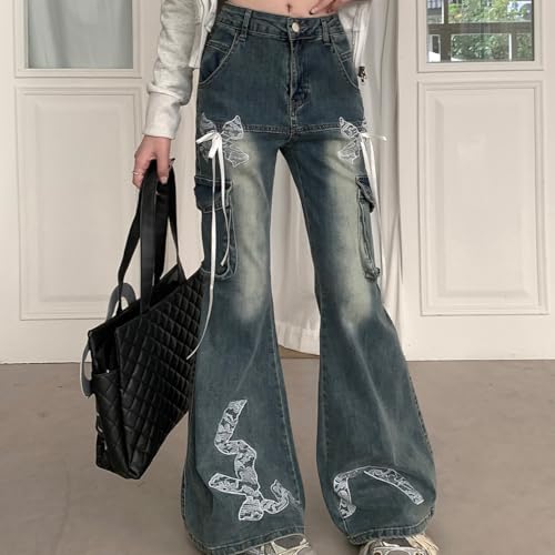 Fashion Y2K High Waisted Wide Leg Jeans Casual Vintage Lace Drawstring Patchwork Slim Flared Denim Pants3