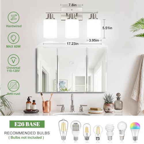 Image of MOKATNG 3-Light Bathroom Light Fixtures, Brushed Nickel Vanity Light with Milky White Shades, Bathroom Lighting Fixtures Over Mirror, Modern Bathroom Wall Lamp for Mirror Living Room Cabinet Bedroom