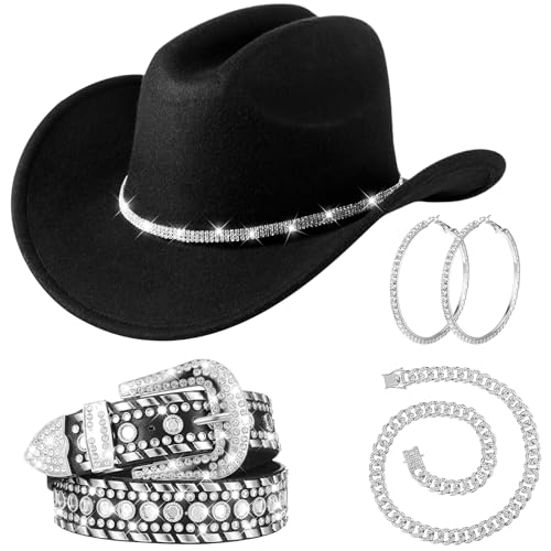 Image of Tisancy 4 Pcs Rhinestone Belt for Men Women Glitter Cowboy Hat Diamond Chain Earring Outfit for Party Supplies