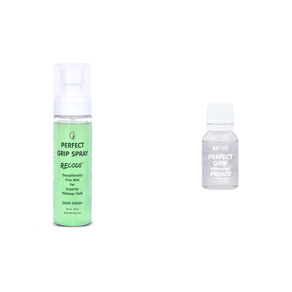 recode perfect grip waterproof makeup primer and setting spray combo set, 12ml primer & 100ml dewy finish spray
