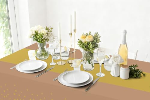 Image of Smiry Plastic Table Cloth Disposable 3 Pack, 54 x 108 Inch Rectangle Waterproof Tablecloth, Printed Gold Table Runner Style for Birthday Weeding, Party Decorations, Leakproof & Sturdy, Gold and Camel