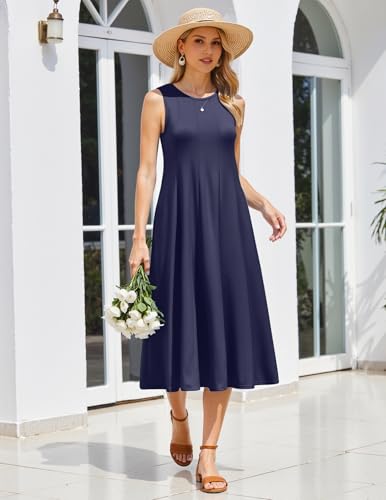 Image of HOTOUCH Summer Casual Dresses for Women Sleeveless Midi Dress Swing Tank Sundress Pleated Tshirt Dress with Pockets