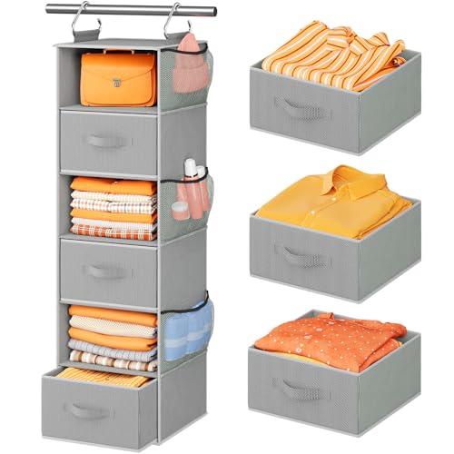 Pipishell Hanging Closet Organizer 6-Shelf, Hanging Shelves for Closet with 3 Removable Drawers & Side Pockets for Bedroom or Garment Rack, 12′ x 12′ x 43.3′, Dark Gray
