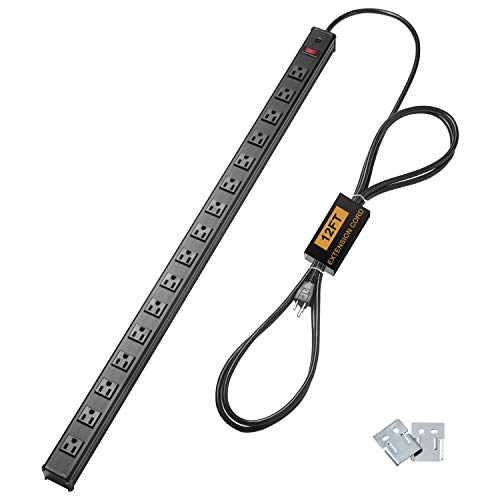 BESTTEN 16 Wide-Spaced Outlet Metal Surge Protector Long Power Strip, 12ft Extension Cord