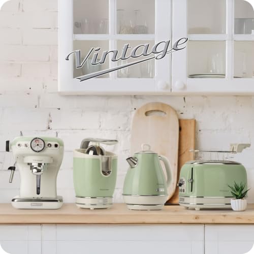 Ariete Bouilloire Vintage 2877, Bouilloire Électrique avec Niveau D'Eau Visible, Base Sans Fil 360°, Arrêt Automatique, Poignée Ergonomique, Capacité 1,7 L, Acier Inoxydable, 2000W, Vert