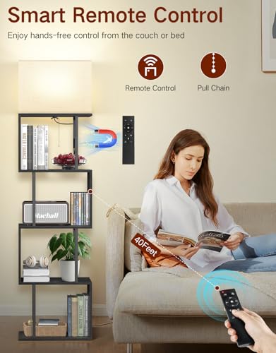 Image of 5-Tier Floor Lamp with Shelves & Remote, Dimmable S-Shaped Bookshelf with 3 Color Temperature, 1-Hour Timer, Tall Corner Standing Lamp for Living Room, Bedroom, Office (Black)