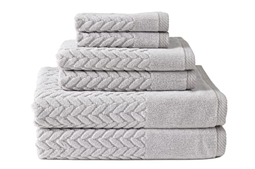 Texere 100% Organic Cotton Jacquard 650 GSM Premium Bath Towel Sets - Extra Absorbent Quick Dry and Plush, 2 Large Bath Towels, 2 Hand Towels, 2 Washcloths (Cable, Light Taupe, 6 Piece)