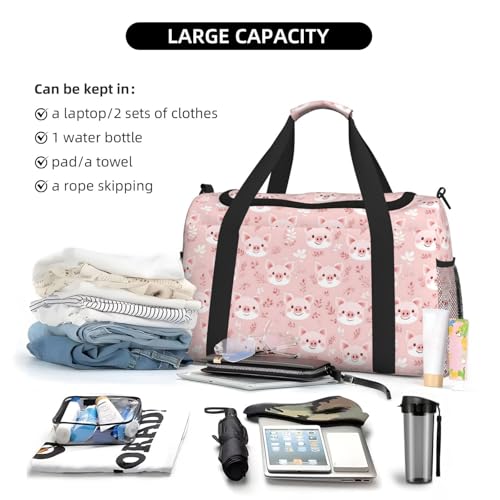 Pink Cartoon Pig Print Duffle Bag for Travel, Carry On Weekender Overnight Duffel Bags, Gym Bags for Women Men, Personal Item Travel Bag4