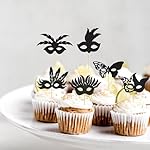 24Pcs Masquerade Masks Cupcake Toppers Bachelorette Party Mask Cupcake Food Fruit Picks Masquerade Mardi Gras Party Baby Shower Birthday Party Cake Decorations Supplies - Black Glitter - Image 5