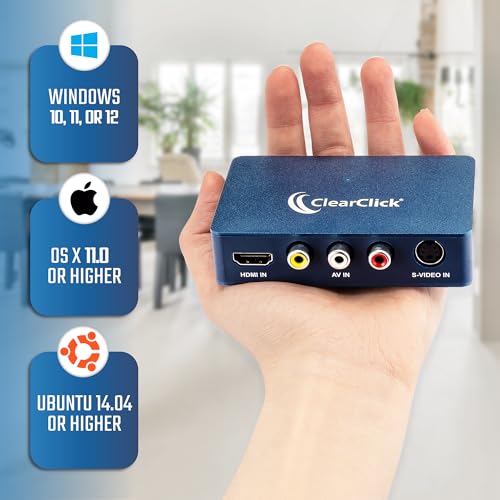 ClearClick Video to USB 1080P USB Audio Video Capture & Live Streaming Device - Input 4K HDMI, AV, RCA, S-Video (VCR, VHS, Camcorder, Video8, Hi8, DVD, Gaming Systems) - USB-C Plug & Play
