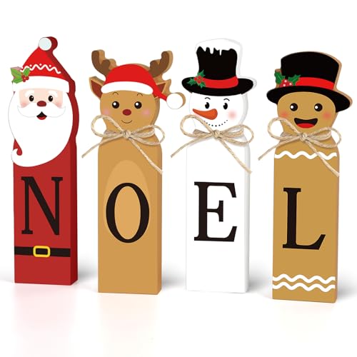 Christmas Noel Decorations, Wooden Noel Block Table Centerpiece Sign, Santa Claus Reindeer Snowman Tiered Tray Decor for Xmas Winter Holiday Home Decor (Xmas)