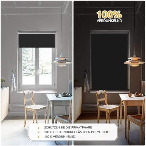 Magiea Verdunklungsrollo ohne & mit Bohren Klemmfix, Schwarz B95 x H200 cm (Stoffbreite 95cm) Klemmrollo Thermorollo Innenrollo für Sonnen-und Sichtschutz Rollos für Fenster & Tür