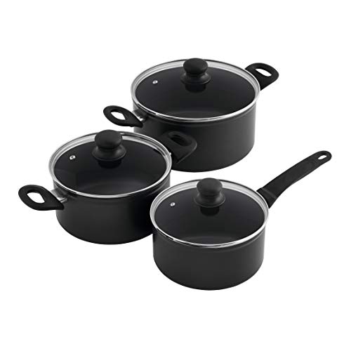 Kuhn Rikon, Bateria de Cocina Easy Induction , Set de 3 piezas: Cazo 1,5L/16 Cm y Cacerolas de 3L /20 m y 5L/ 24 Cm. , Tapa de Cristal, Aluminio Negro con Antiadherente de 3 Capas Libre de PFOA