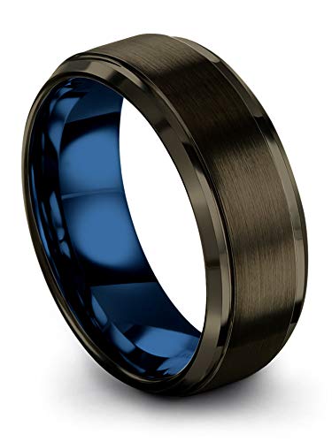 Chroma Color Collection Tungsten Carbide Wedding Band Ring 8mm for Men Women Blue Interior with Gunmetal Exterior Step Edge Brushed Polished Comfort Fit Anniversary Size 11