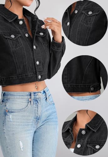 Women's Cropped Denim Washed Distressed Button Down Long Sleeve Jean Jacket Coats3
