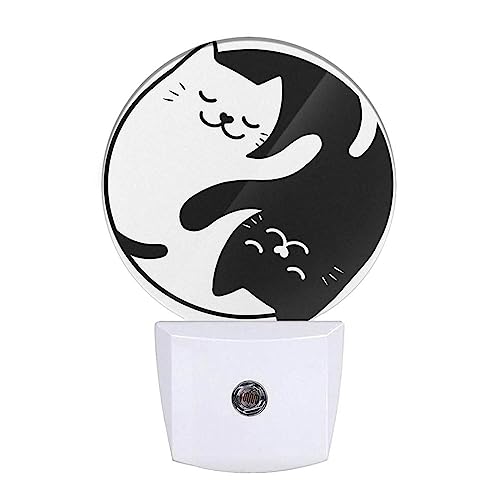 Image of Tai Chi Cat Nightlight Two Black White Cats Kitten Night Lights Plug into Wall Dusk to Dawn Sensor Round Night Light for Adults Boys Girls, 0.5W Energy Efficient