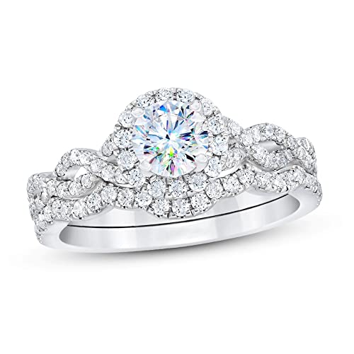 1 Carat Round Cut Bridal Set Moissanite Engagement Rings for Women Platinum Plated Silver Round Moissanite Rings