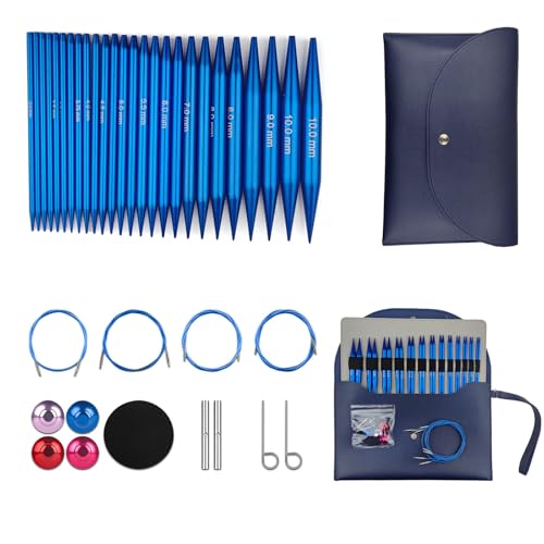 Hzkokon Knitting Needles Set Interchangeable Aluminum Circular Knitting Needles Set 13 Pairs of 4 Inch Premium Aluminum Needles & Accessories Blue