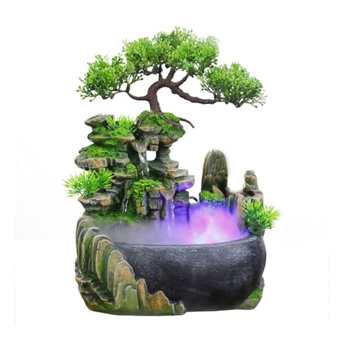 Fuente de agua de escritorio, pequeña fuente de cascada de sobremesa con humidificación por niebla, decoración de escritorio con rocas y luces LED, for el hogar, dormitorio, sala de estar, oficina.