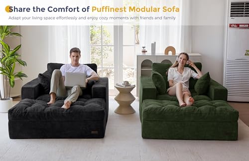 Image of MAXYOYO Modular Sectional Chaise Lounge Sofa, Upholstered Lounge Chair with Ottoman, Comfy Couch with Layered Cushion, Tufted Upholstered Sleeper Chair for Living Room, No Assembly, Dark Green