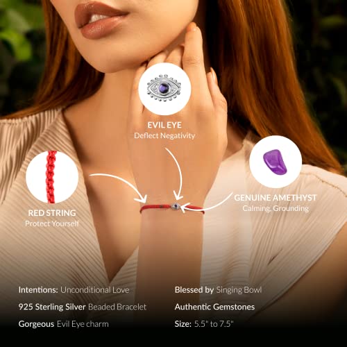 Karma And Luck - Beat Anxiety - Women's 925 Sterling Silver Real Amethyst Stone Evil Eye Charm Red String Adjustable Drawstring Closure Bracelet Handmade In Bali #TOP1