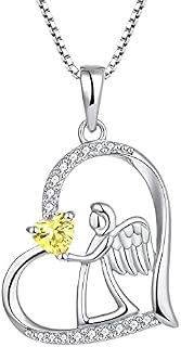 FJ Heart Guardian Angel Necklace 925 Sterling Silver Angel Wing Pendant Necklace with Birthstone Cubic Zirconia Jewellery Gifts for Women Girls