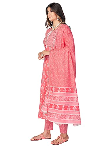 Image of Vbuyz Women's Printed & Handwork Anarkali Cotton Kurta with Pant & Dupatta | Kurta Set For Women | Suit Set For Women | Kurti Dress Set | Cotton Fabric Set