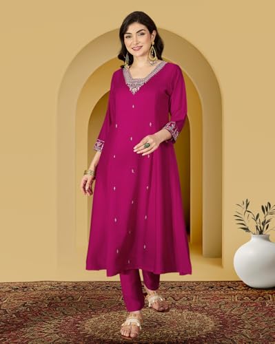 Image of Amazon Brand - Tavasya Women Vichitra Zari Sequence Embroide Kurta with Pant and Dupatta|Salwar Suit|Kurta Set|3 Piece Set