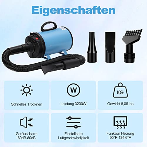 Xkiss Soffiatore Per Cani 3200W/4.5 Ps, Asciugatore Per Cani,Continua Con Velocità E Temperatura Regolabile Asciugacapelli Per Animali Domestici, Con 4 Ugelli Diversi (Blu) - 2