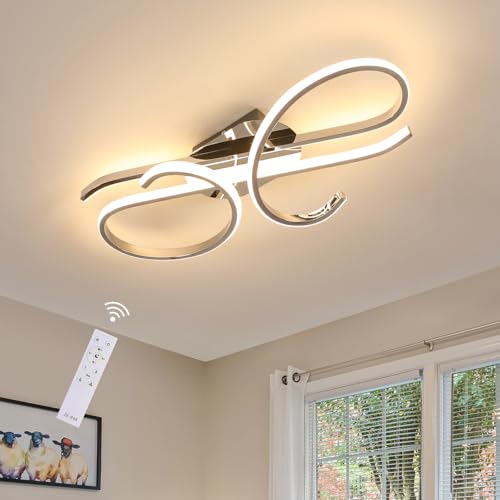 DELIPOP Plafonnier LED Dimmable, Courbes Musicales 30W Lampe de Plafond Moderne avec Télécommande 3000K-6500K, Chromé Brillant Luminaire Plafonnier Mémoire...