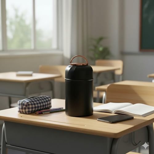 Image of Insulated Lunch Box 500ml Stainless Steel | Thermal Food Flask & Food Jar with Folding Spoon | Leakproof Tiffin Box for Office, School, Travel | Hot & Cold Food Container (Black With Golden Handle)