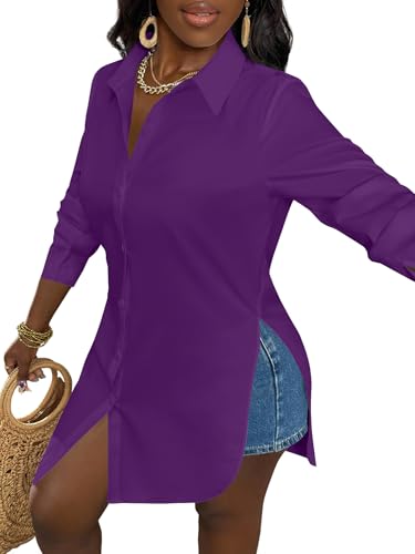 Image of LYANER Women's Collar Neck Long Sleeve Button Down Shirts Sexy Split Hem Tops Long Blouse Shirt Dress