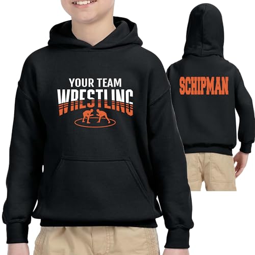Personalized Design Wrestling Team Design Youth Sized Heavy Cotton Blend Hoodie Sweatshirt Team Spirit Wear - 240.18500b.blk/gld