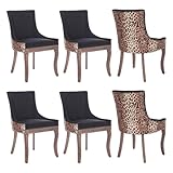 Yayzy Modern Dining Chairs Set of 6, Upholstered Fabric High Back Dining Chairs with Nailhead Trim & Solid Wood Legs for Dining Room & Kitchen, Black & Leopard Print