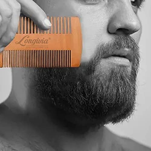 Foto von Longivia® Bartkamm Holz Ökologisch 100% Birnbaumholz Beard Comb Wood Bartpflege für Männer Holzkamm Grobe und Feine Zinken Set – Hochwertig Bart Kamm
