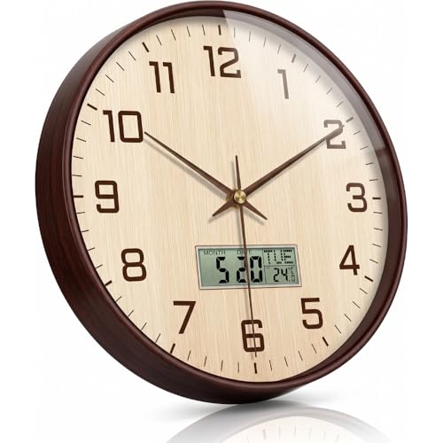 Image of ginoya brothers 12 Inch Silent Non-Ticking Silent Wall Clock, Modern Round Analog & Digital Display (Temp /Calendar) Decorative Clock, Easy to Read for Home, Living Room, Office (Cream-Brown Digital)