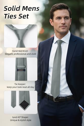 Image of HISDERN Mens Ties Solid Color Ties for Men Formal Necktie with Pocket Square Set Satin Silk Neck Tie Handkerchiefs Set