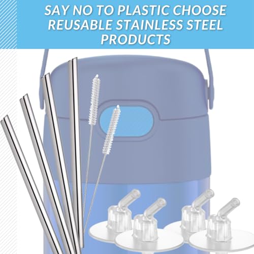 4SET Metal Straws Stem Set for THERMOS Kids 12OZ, Reusable Stainless Steel Replacement Straws, With And 4PCS Original Silicone Parts And 2PCS Cleaning Brushes