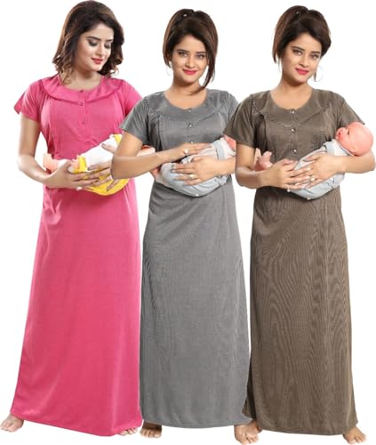 Image of Fabme Women's Polycotton Nursing Nightgown - Concealed Zip, Long, Textured Nighty for Maternity, Feeding