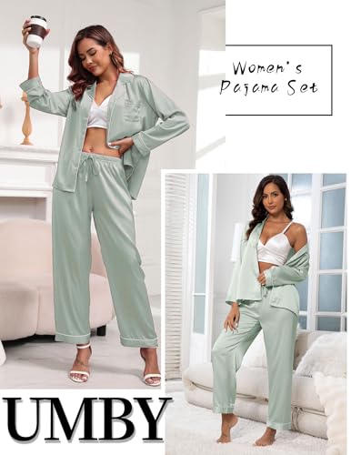 Image of UMBY Silk Satin Pajamas for Women Set 2 Piece Silk Pjs Long Sleeve Top Cozy Sleepwear Silky Pajamas