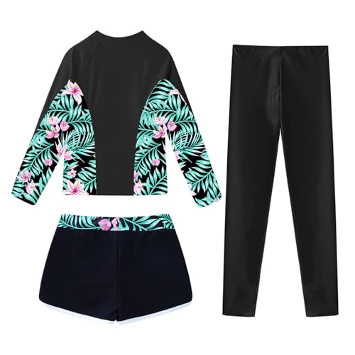 Kids Girls Rash Guard 3 Piece Swimsuit Long Sleeve Swim Tops with Bottoms Pants Swimwear Set4