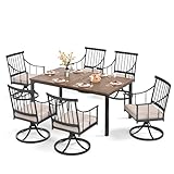 PHI VILLA 7 Pieces Outdoor Dining Set for 6, 65” Wood-Like Metal Rectangle Dining Table & Swivel Chairs with Cushions, Large Dining Furniture Set for Patio, Deck, Porch, Yard