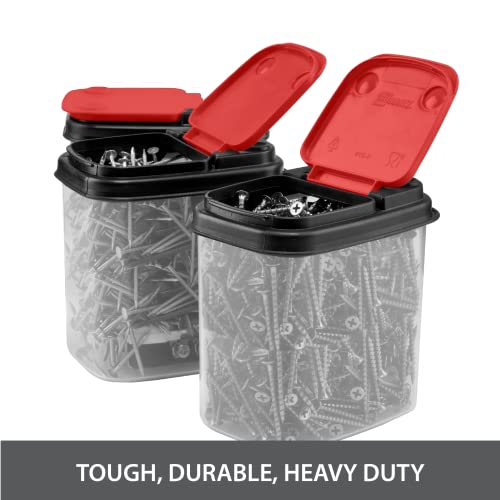 Image of Buddeez Bits and Bolts Storage Containers - Stackable Clear 1 Quart Organizers for Tools and Parts - 12 Pack Red Lid