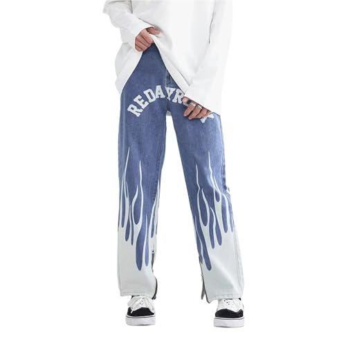 Baggy Jeans Men Graphic Flame Y2k Denim Pants Casual Streetwear for Skater Jeans with Zipper Bottom Hip Pop