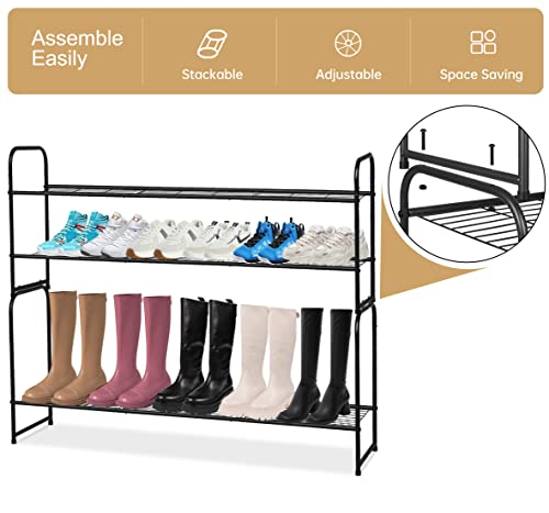 Image of KEETDY 2-Tier Long Shoe Rack for Closet Metal Shoe Organizer for Entryway, Wide Stackable Shoe Storage Shelf with Sturdy Wire Grid for Closet Floor, Bedroom, Black